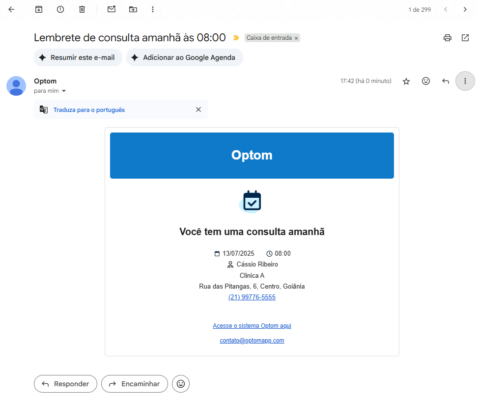 E-mail de lembrete de consulta
